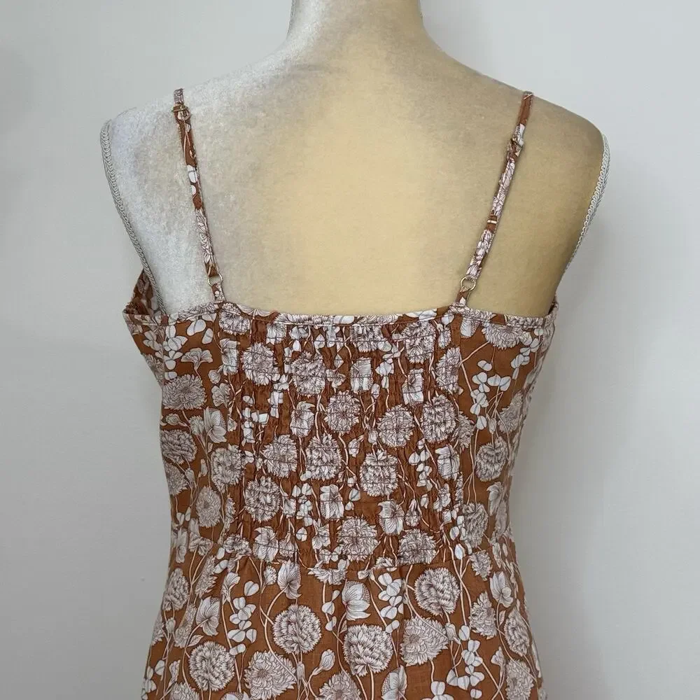 Saks Fifth Avenue Floral Ruffle Linen Blend Midi Dress Size L Brown White - Picture 9 of 12